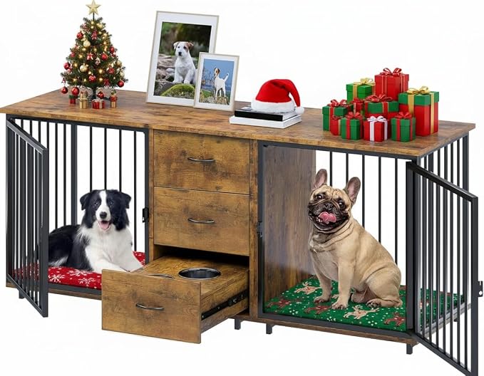 YITAHOME 74" Double Dog Crate Furniture with 2 Feeder Bowls & Room Divider | Wooden Dog Kennel TV Stand for 2 Large Medium Small Dogs, Rustic Brown