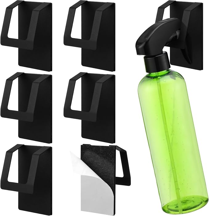 6 Pcs Adhesive Spray Bottle Hanger Wall Mount Metal Spray Bottle Hooks, Non Drilling Sprayer Bottles Holder Stubborn Adhesive Black Universal Easy Clean for Wall Cabinet Kitchen Under Sink