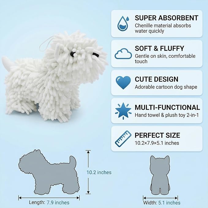 Cute Dog Chenille Hand Towel, 3D Puppy Hangable Fuzzy Ball Hand Towel Microfiber Super Soft Absorbent Bathroom & Kitchen Towels with Hanging Loop, Can Be Placed on the Sink Countertop (White & Khaki)