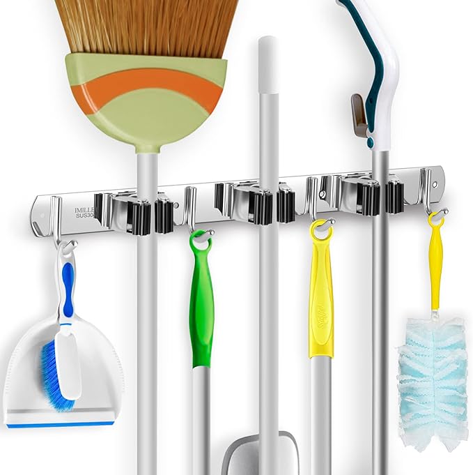 IMILLET Broom Holder Wall Mount Stainless Steel Mop Organizer | 3 Racks 4 Hooks Heavy Duty Garage Organization Storage,Broom and Mop Organizer Wall Hanging Self Adhesive for Laundry Room
