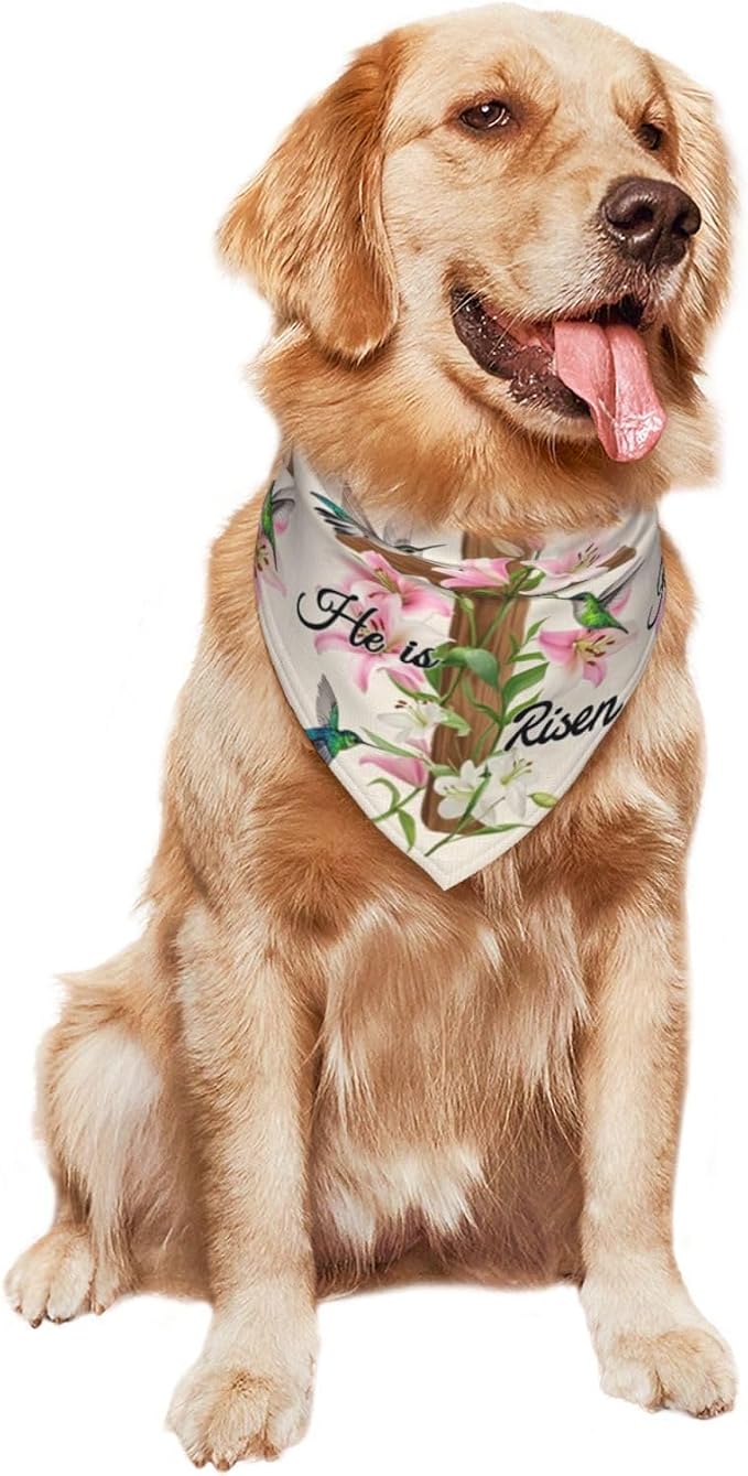 Easter Sunday Religious Cross Christian He is Risen Flower Pet Triangle Scarf for Dogs & Cats, Polyester Decorative Scarf, Adjustable Cute Pet Bandana for Daily Wear & Photo Shoots