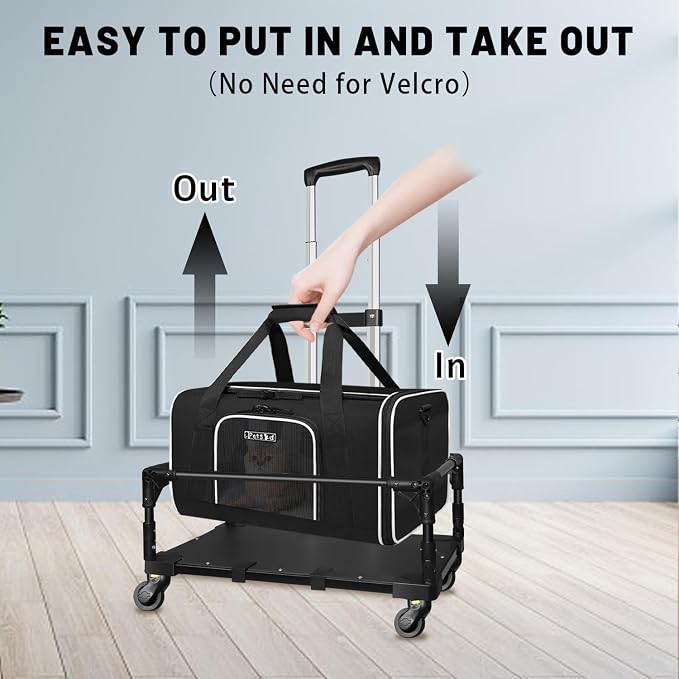 Foldable Wheel Base Cart for 18" L×11" W & 17" L×11" W Pet Carrier | Easy to Load & Unload the Carrier, Roll and 360° Swivel Smoothly, Fits Overhead Bin, Removable Silent Wheels, Portable