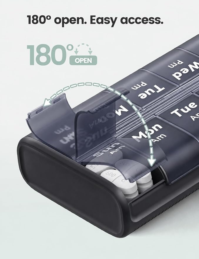 Pill Organizer 2 Times a Day, Built-in Desiccant | 7 Day AM PM Weekly Pill Box, Easy-Open, Portable Carry Handle, BPA-Free, Matte Privacy Case for Supplements and Vitamins