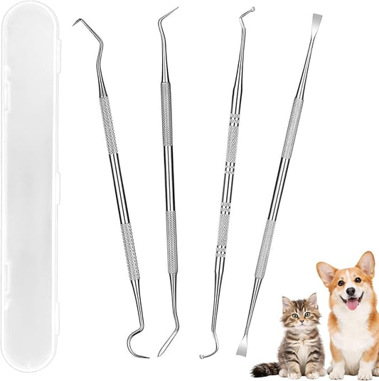 4 Pack Stainless Steel Pet Dental Tools for Dogs and Cats, Professional Tartar Remover Scraper Kit for Teeth Cleaning, Plaque and Calculus Control, Oral Care Hygiene for Home or Vet Use
