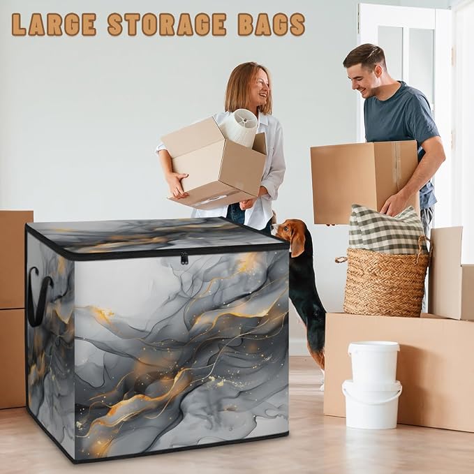 Gold Black Marble Large Storage Bags, Fabric Bed Storage Containers, Foldable Closet Organizers for Blanket, Clothing, Comforter, Bedding, Black Grey Modern Abstract