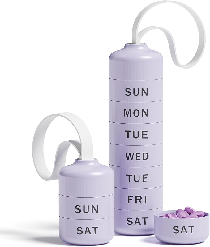 Betife Travel Pill Organizer, 7 Day Stackable Weekly Pill Case - Purple | Daily Pill Container with 7 Large Stackable Compartments, Sturdy ABS Snap-lock, No Metal-on-Metal Friction, Portable Pill Box
