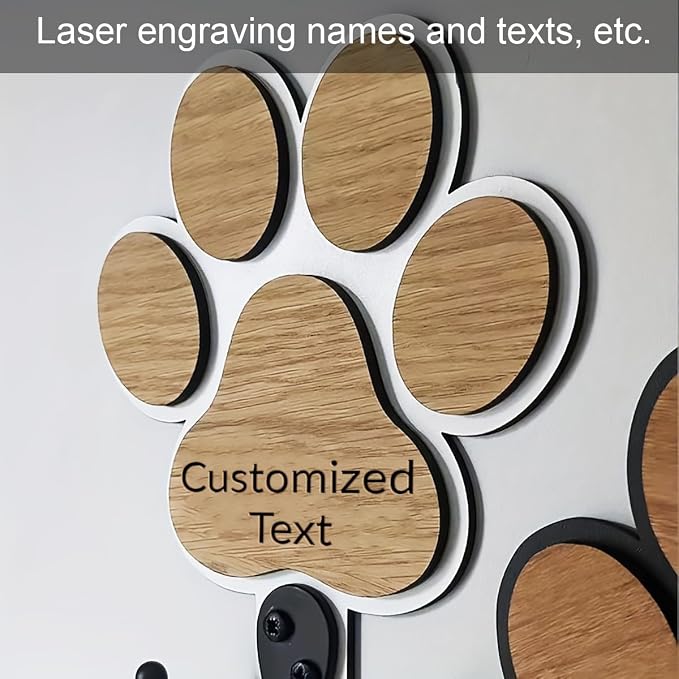 Custom Wood Dog Leash Holder, Personalized Cat Themed Key Holder and Dog Stuff Organizer, Wall Mount Pet Leash Holder with Double Hooks, Customized Names (Custom)