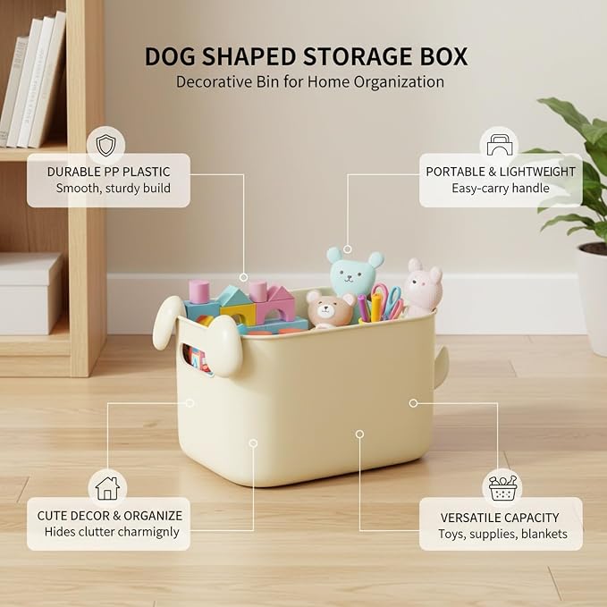 Dog Shaped Storage Bin with Lid and Handle, Decorative PP Plastic Organizer Box for Home, Office, and Craft Supplies