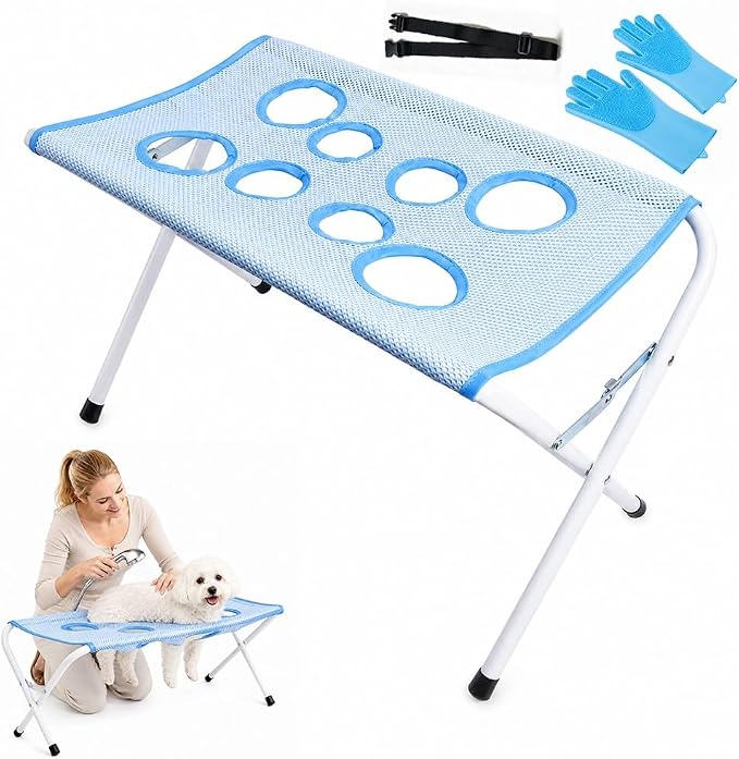 Foldable Pet Bathing Stand, Dog Grooming Hammock for Cats and Small Dogs | Portable Shower Rack with 8-Hole Quick-Dry Mesh, 44 lb Capacity | Home Washing, Trimming & Nail Care(Blue)