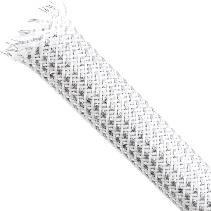 Braided Cable Sleeving, PET Expandable Braided Cable Sleeve, Flexible Mesh Sleeving Cord Management for Audio Video and Other Home Device, Cord Protector from Pets (White Silver, 1" x 25ft)