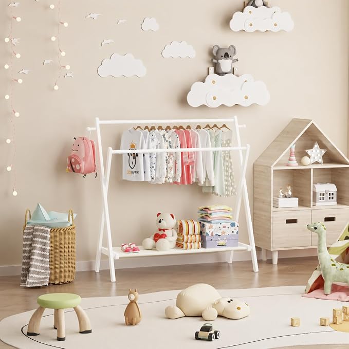 BAMBOOHOMIE Kids Clothing Rack, Small Clothes Organizer Rack, Kids Dress Up Rack with Storage Shelf & Double Rods, Bamboo Child Garment Rack for Playroom Toddler's Bedroom (Large Size - White)