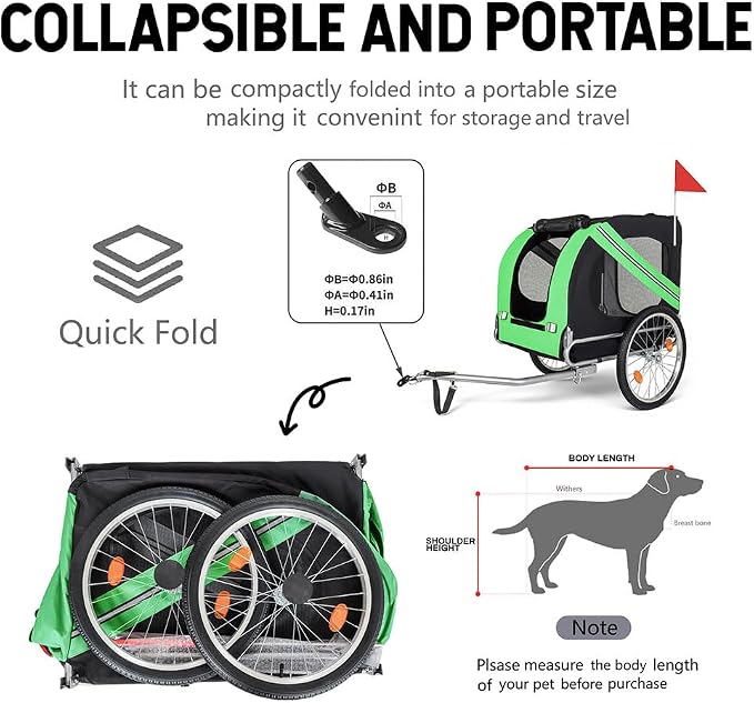 Dog Bike Trailer, Foldable Pet Bicycle Trailer with 20" Air-Filled Wheels, Universal Bike Hitch, Oxford Fabric & Steel Frame, Weather-Resistant Pet Carrier Cart for Small & Medium Dogs up to 66