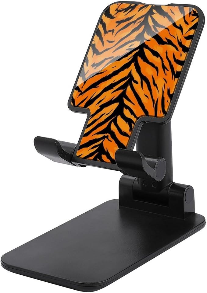 Multi Angle Foldable Tiger Stripe Animal Print Cell Phone Desk Stand | Anti Slip, Desktop Smartphone Holder, Compatible with 4"-13" Tablet, Travel Office