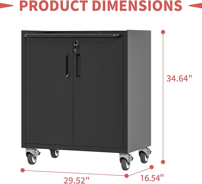 Metal Garage Tool Cabinet with 2 Lockable Doors & Wheels,Black | Steel Storage Cart,Heavy Duty Rolling Chests,Mobile Tool Cabinets,Assembly Required