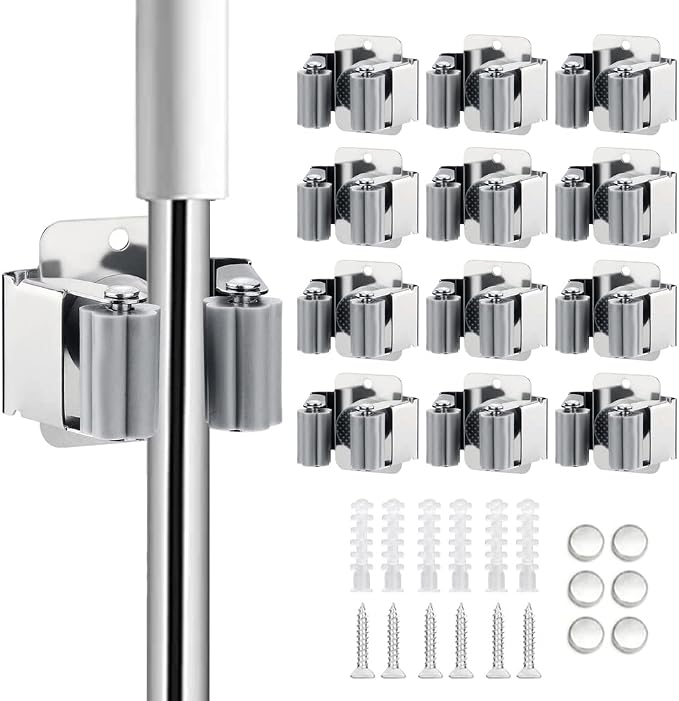 JAMEND CLXP 12PCS Broom and Mop Holder, Heavy Duty Garden Tool Organizer Rack Rake and Shovel Handle, Stainless Steel Mop Hanger. Wall Mounted Utility Rack with Screws, Silver.