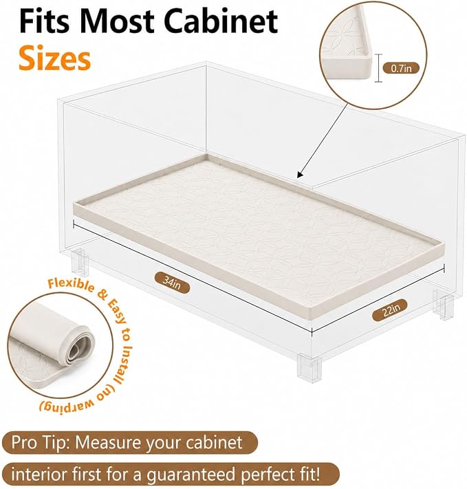 34"x22" Waterproof Silicone Under Sink Mat Drip Tray(Cream Brown) | Non-Slip Silicone Sink Liner & Drip Tray with Raised Edges, Versatile Floor & Cabinet Protector for Pets & Utility Area