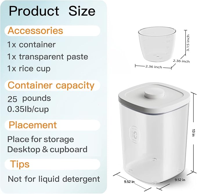 20-25 lbs Rice Dispenser,10.5 Qt/10 L/22-25 lbs Rice Container Storage with Measuring Cup & Brush Food Cereal Container Bins Household for Kitchen Pantry Organization (AY-10KG-WHITE) | 10.5 Qt/10 L/22-25 lbs, Food Container Storage Cereal Bins Househol...
