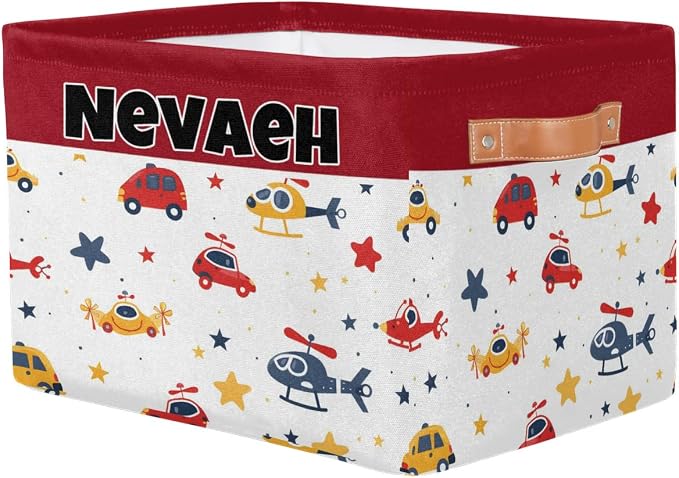 Custom Name Storage Bin, Personalized Rectangular Storage Basket with Handles for Organizing Boys Girls Toys Office Closet Shelf Baskets, Cartoon Cars Helicopters