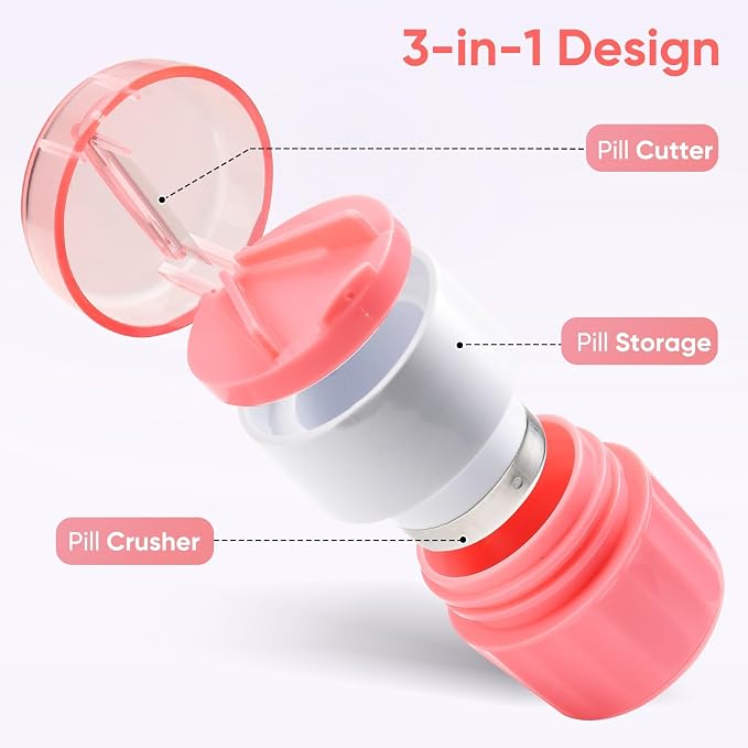 3-in-1 Pill Crusher and Cutter (Pink) | Pills Crusher Fine Powder with Stainless Steel Grinding Head, Storage for Tablets, Cutter Splitter for Small and Tiny Pills