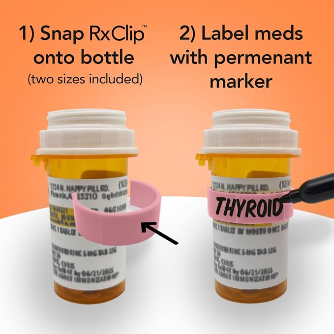 20 Pack Medicine Bottle Label Clips for Easy Medication Identification - 20ct Multipack with Marker (Pink)