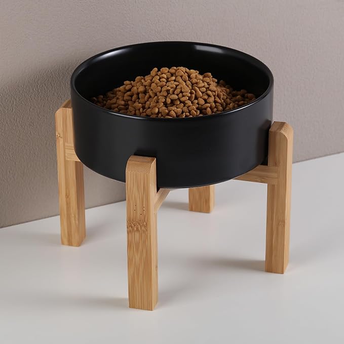 Black Elevated/Raised Dog Bowl Ceramic with Wood Stand for Small Medium Breed,Dog Food Water Dish Heavy, 6 in Non Slip Modern Cute Porcelain Pet Bowl