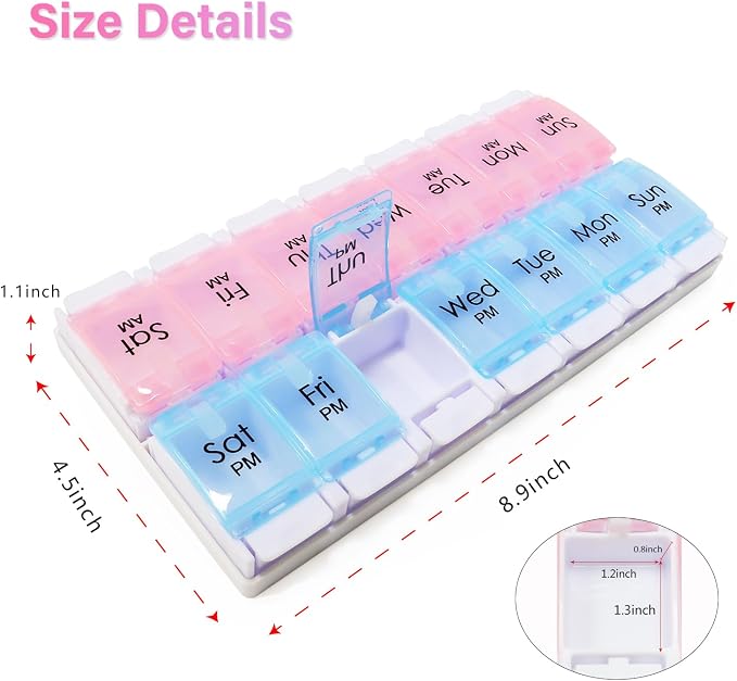 MOLN HYMY Weekly Pill Boxes and Organizer 2 Times a Day, 7 Day AM PM Pill Case Two Week, 14 Large Compartments Pill Dispenser to Hold Medication, Vitamins (Pink+Blue)