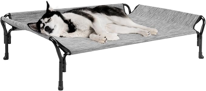 Veehoo Cooling Elevated Dog Bed, Raised Dog Cot with Guardrail & Headrest | Washable Dog Couch Bed for Indoor & Outdoor, Durable Breathable Teslin Mesh, Non-Slip Feet, Large 47" x 32", Black Silver