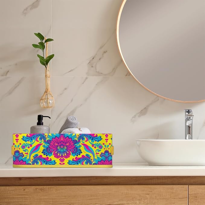 Bright Floral Ethnic Style Bathroom Storage Basket, Foldable with Handle Open Countertop Paper Towel Decorative Box, Toilet Tank Top Shelf Baskets for Home Closet Bedroom Living Room Office
