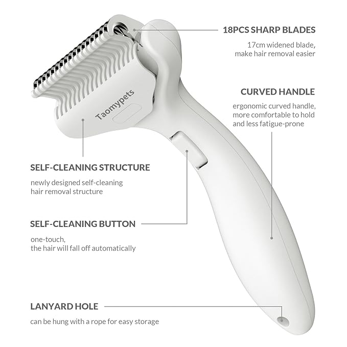 Self Cleaning Grooming Rake Brush for Shedding Gently Removes Loose Undercoat Mats Tangled Deshedding Grooming Tool for Dogs Cats Extra Wide (White)