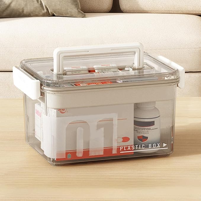 Clear Medicine Storage Organizer & First Aid Box, Multi-Layer Medicine Storage Box with Detachable Tray and Handle, Multi-Purpose Organizer for Family First Aid, Home, Travel(Clear)