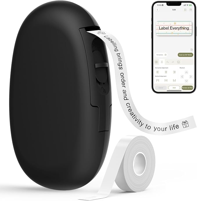 SUPVAN E10 Bluetooth Label Maker Machine with Tape, Black | Fits Continuous & Die-Cut Waterproof Label, Easy App Editing, Rechargeable, Inkless, for School, Home, Kitchen, Office