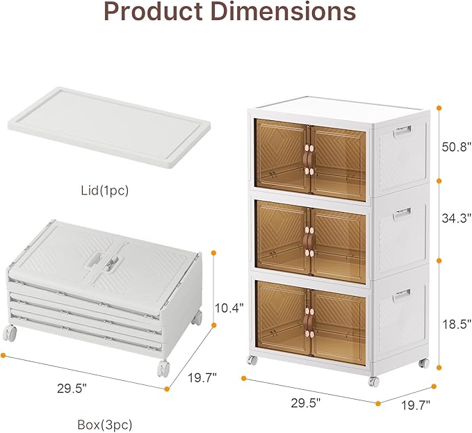 Stackable Storage Bins with Lids, 540QT Lockable Storage Cabinet | Folding Storage Box with Doors and Wheels, Collapsible Plastic Drawers for Home, Garage, Office