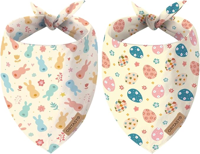 Easter Dog Bandanas, 2-Pack Triangle Reversible Bunny Eggs Pet Scarves, Premium Fabric, Bandana for All Boys Girls Dogs (Classic, One Size)