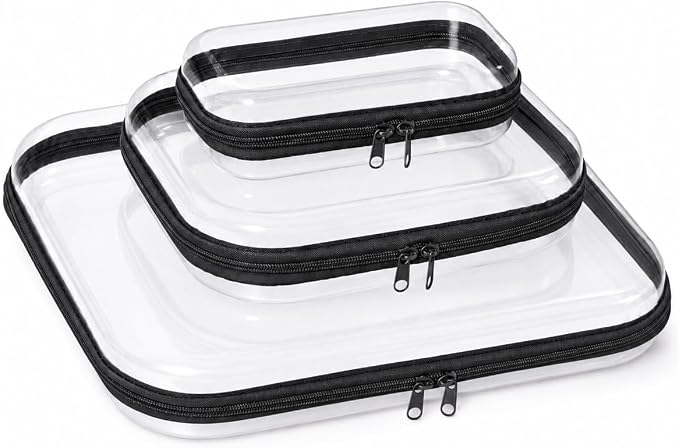 3 Pack Clear Hard Shell Zipper Case (1XL + 1L + 1M, Black) | Travel Toiletry Bag, Waterproof 1.2mm PET Hard Plastic Pouches, Organizer Box for Makeup, Toy, Snack, Stationery, Diaper