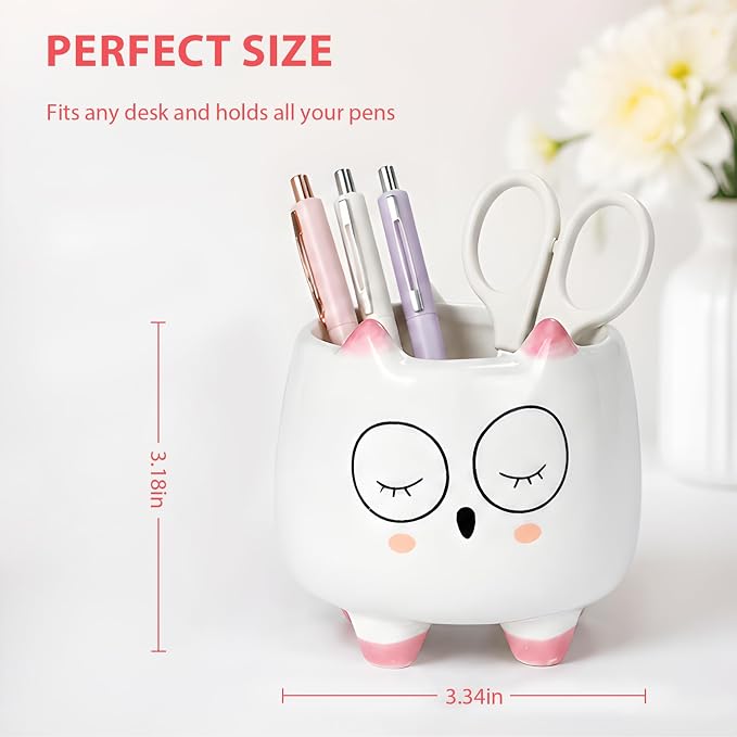 Ceramic Cat Shaped Pen Pencil Holder for Desk Decoration Accessories Cat Decor Makeup Brush Pen Cups Office School Ideal Gifts for Women, Mom or Birthdays