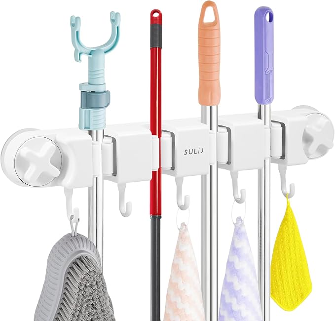 Broom Holder Wall Mount Sturdy Mop and Broom Organizer with 4 Racks and 5 Hooks Vacuum Suction Cup Broom Mop Holder for Home, kitchen, Garden, Tools, Garage