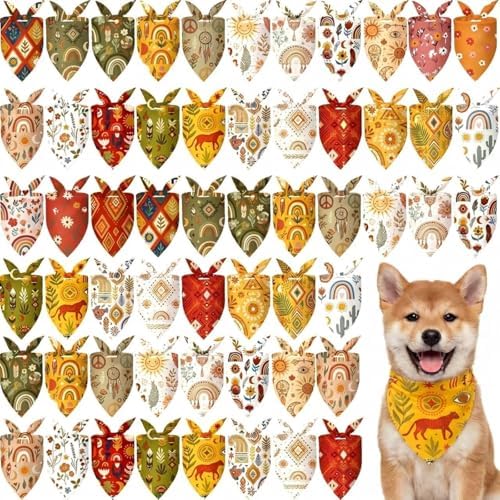 Abbylike 50 Pcs Boho Dog Bandanas Bulk Bohemian Earth Tone Bandanas for Dogs Triangle Kerchief Bib Scarf for Pets Party Costume Aesthetic Dog Photo Props Accessories, 25 Styles (25.6 x 17.7 x 17.7)
