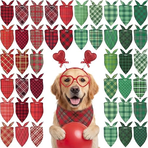 Abbylike 50 Pcs Christmas Plaid Dog Bandanas Bulk Red and Green Gingham Bandanas for Dogs Triangle Kerchief Bib Scarf for Pet Xmas Party Costume Photo Props Accessories, 25 Styles(31.5 x 21.7 x 21.7)