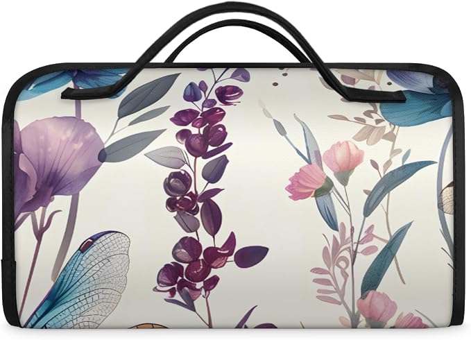 Dragonflies Flower Makeup Bag for Women Hanging Roll-Up Travel Organizer Toiletry Kit with 4 Removable Compartments, Dragonfly Floral