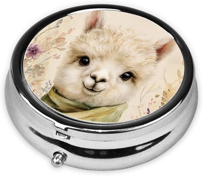 Cute Alpaca Flower Green Portable Pill Organizer | 3 Compartment, With Mirror, For Men Women, For Daily Supplements, Vitamins, Fish Oil, Jewelry, Candy, Travel