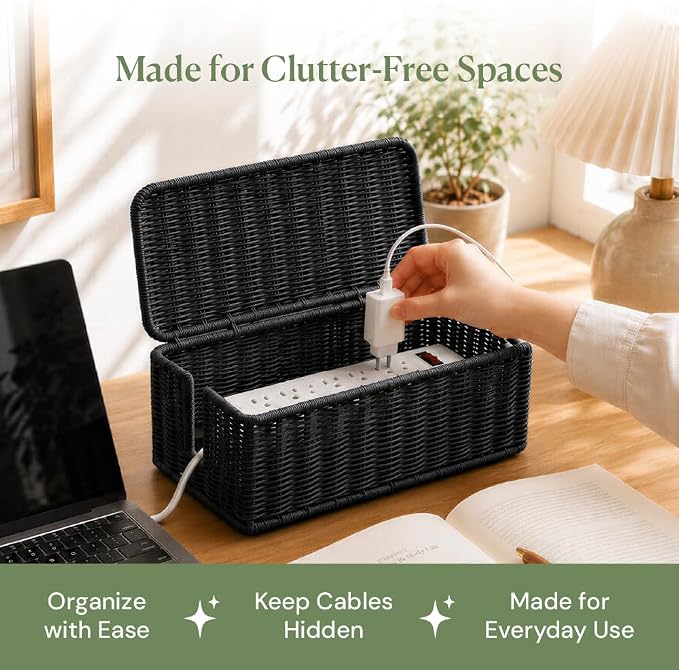 Cable Management Box, Handmade Rattan Cord Organizer for Power Strip | Open Slots Cord Hider for Power Strip, Router & USB Hub, Registered U.S. Design Patent
