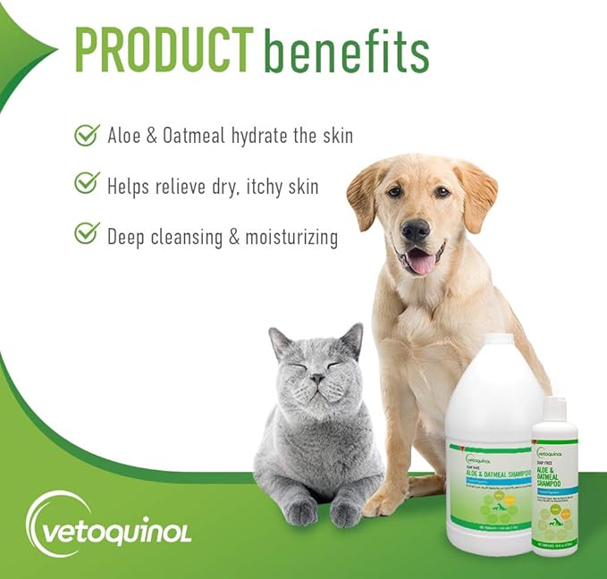 Vetoquinol Aloe & Oatmeal Shampoo - Gentle & Moisturizing Formula for Dogs & Cats - Pet Shampoo for Deep Cleansing - Paraben-Free Coat Care for All Skin Types - 16oz