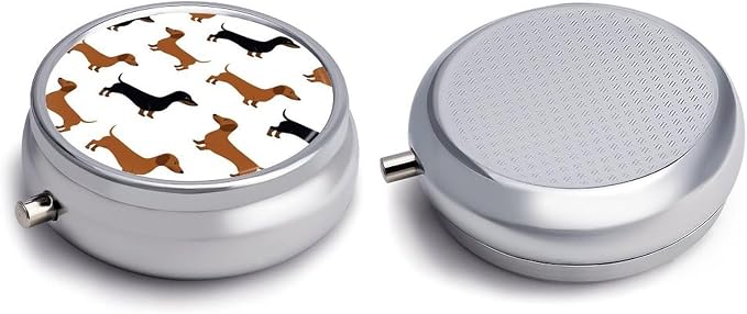 3 Compartment Round Pill Box Portable Metal Travel Pill Organizer | Dachshund Weiner Pet Dogs Pill Case to Hold Vitamins, Medication, Fish Oil and Supplements, Ideal for Purse & Pocket