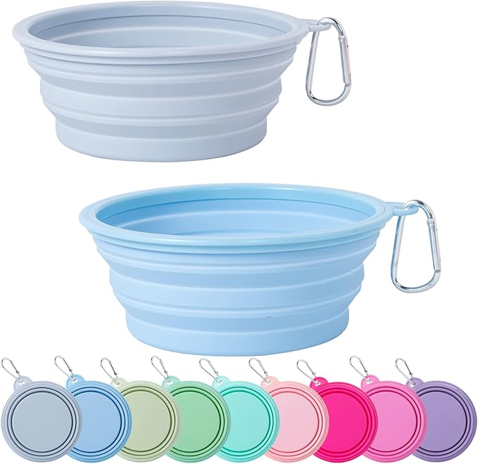 SLSON Collapsible Dog Bowl, 2Pack Macaron Color Pet Travel Bowls Silicone Foldable Water Feeder Dish for Small to Large Dogs Cat Walking Hiking Camping (Macaron Blue and Light Grey, Large)