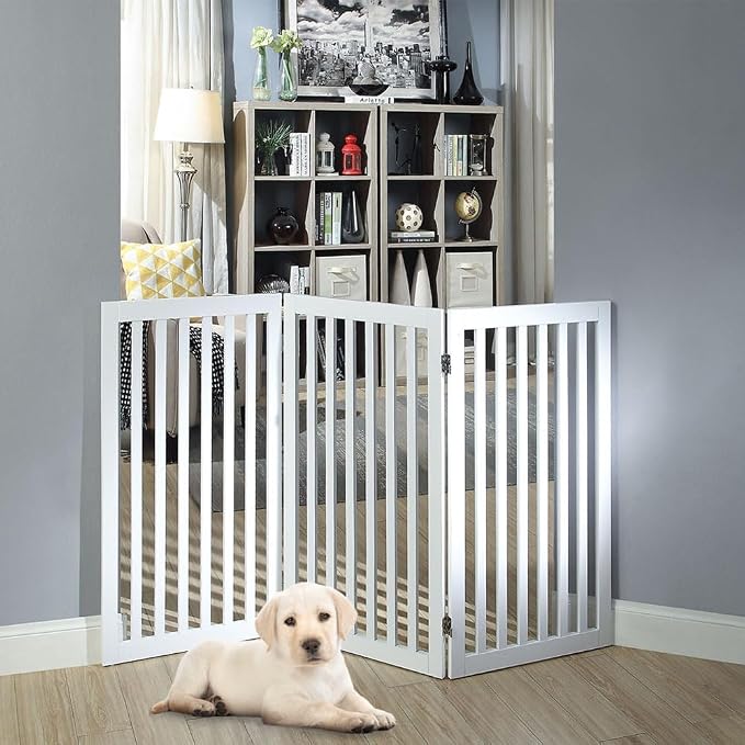 unipaws 36”H Free Standing Pet Gate for Dog, Tall Wooden Dog Gate, 60” Wide | Foldable Pet Fence for Doorway, Stairs, Step, Expandable Doggy Barrier, Room Divider, Indoor Use, White