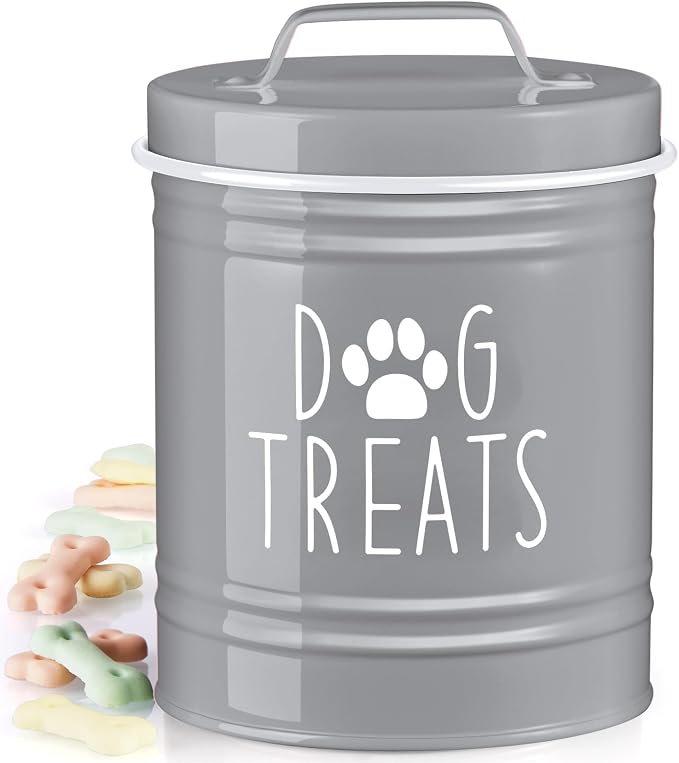 OUTNILI Small Dog Treat Container Airtight - 6" Tall X 4.9" Round Gray Dog Treat Jar for Kitchen Counter - Rustic Treat Storage Canister for Dogs, Cats, Small Animals - Gifts for Pet Owners