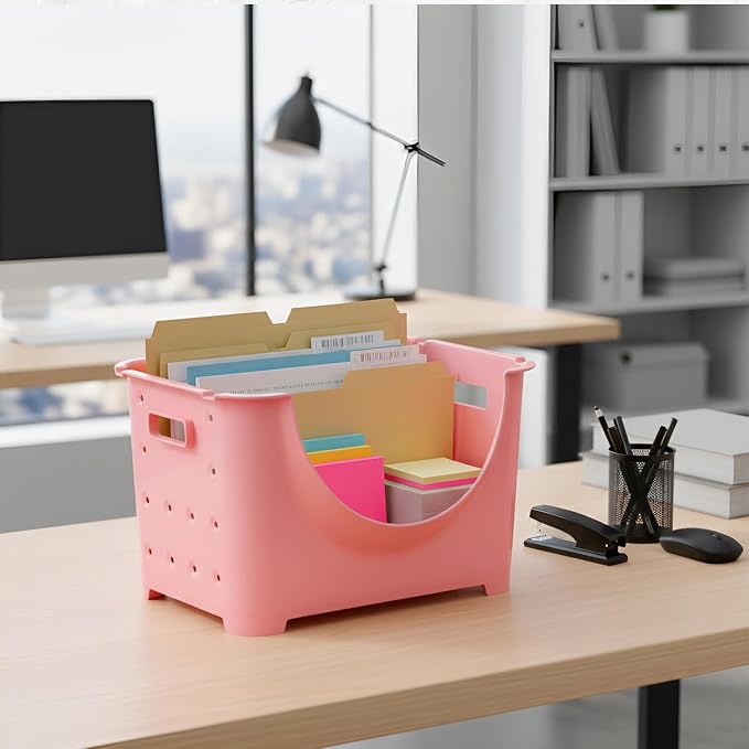 Basicwise Stackable Plastic Storage Container Stacking Bins, Pink (QI003215P)