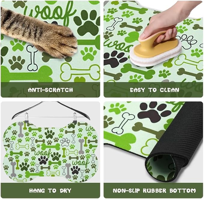 Dog Food Mats for Floors Waterproof, Pet Feeding Absorbent Water Bowl Mat Cat Placemats Green Bone Shape 23.6 * 15.7 inch