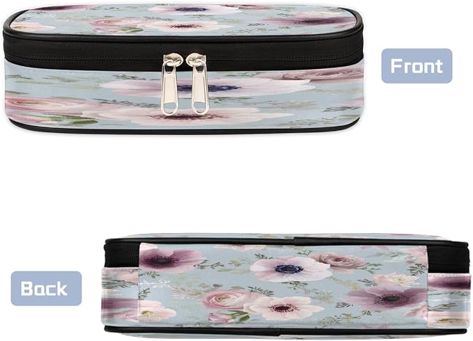 Pencil Case Pouch, Watercolor Light Blue Pink Flower Large Pen Bag with Zipper, Portable Zipper Pencil Pouch Organizer for Student Teen Girls Boys