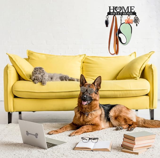 Dog Leash Holder Wall, Dog Leash Hanger Pet Leash Hook Home Sweet Home Design - Unique Metal Key Holder for Wall - Decorative Dog Leash Organizer for Wall, Dog Lovers Gift Idea